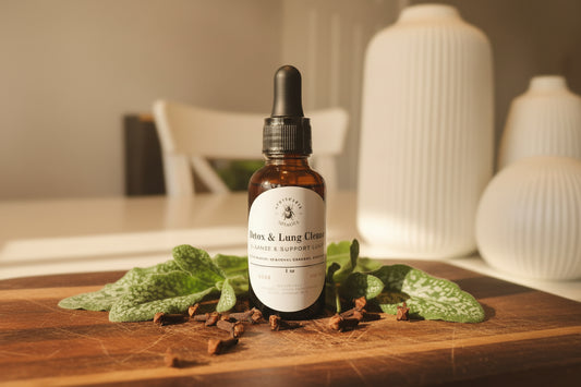 Bottle of 'Relax & Lung Cleanse & Lung Clear' on a wooden surface