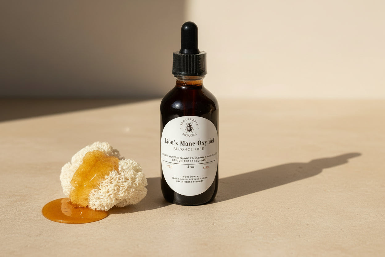 Bottle of Lion's Mane Extract with a dropper on a blue and white background