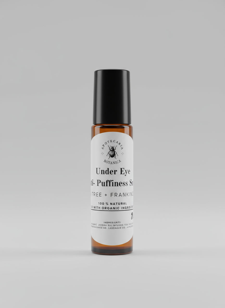 Skincare serum bottle labeled 'Under Eye Anti-Puffiness' on a dark surface.