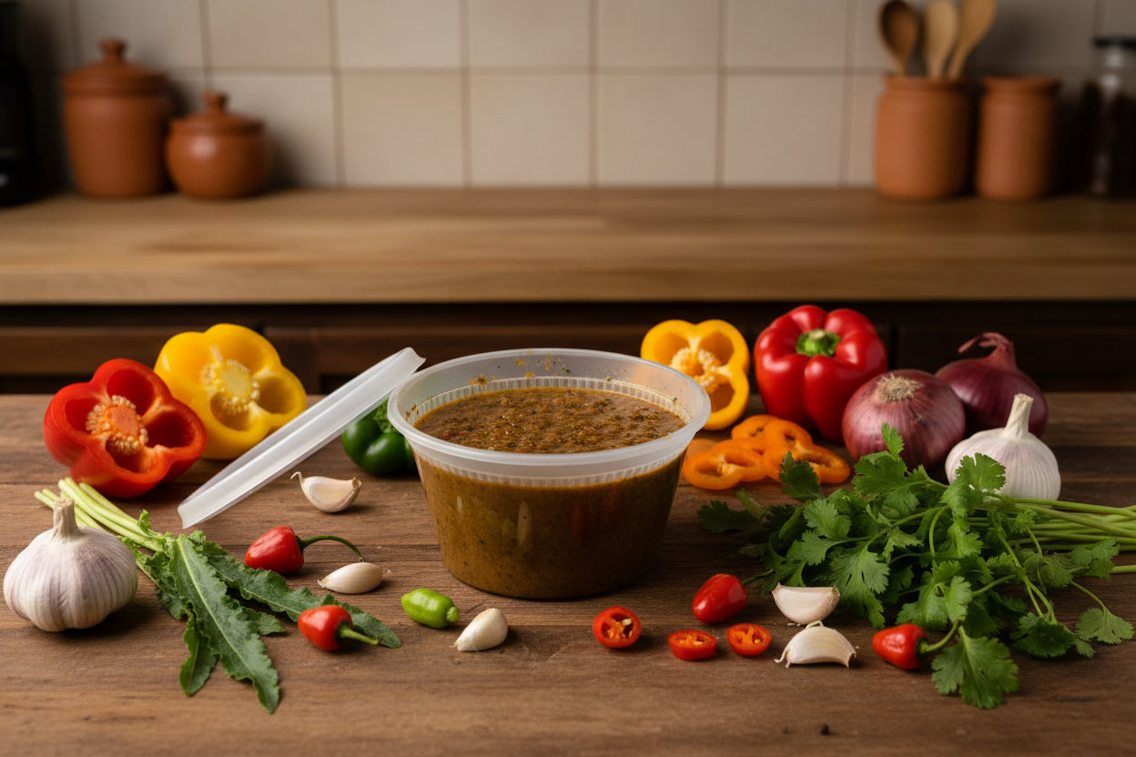 Container of food with a lid on a speckled countertop