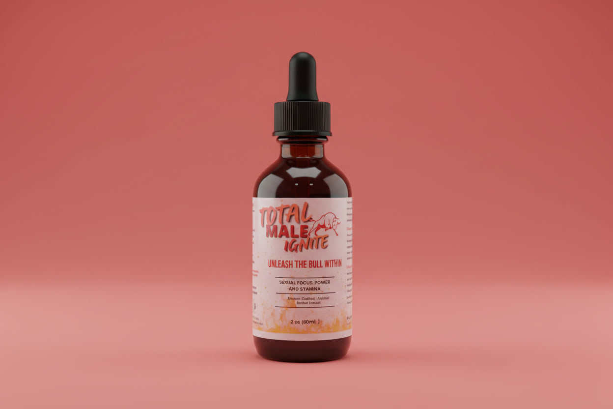 Bottle of 'Total Male Ignite' on a wooden surface with a gray background