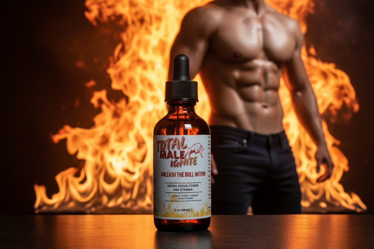 Bottle of 'Total Male Ignite' on a wooden surface with a red background