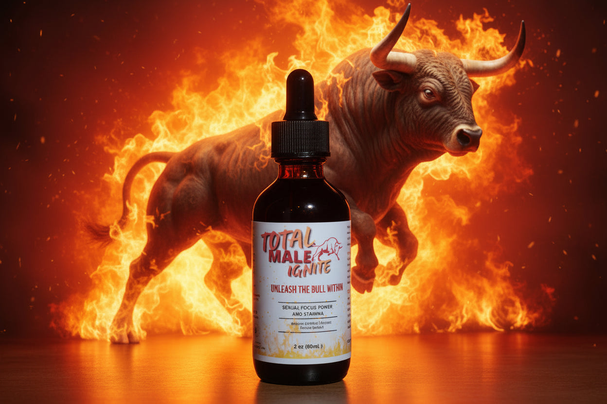 Bottle of 'Total Male Ignite' on a wooden surface with a plain background